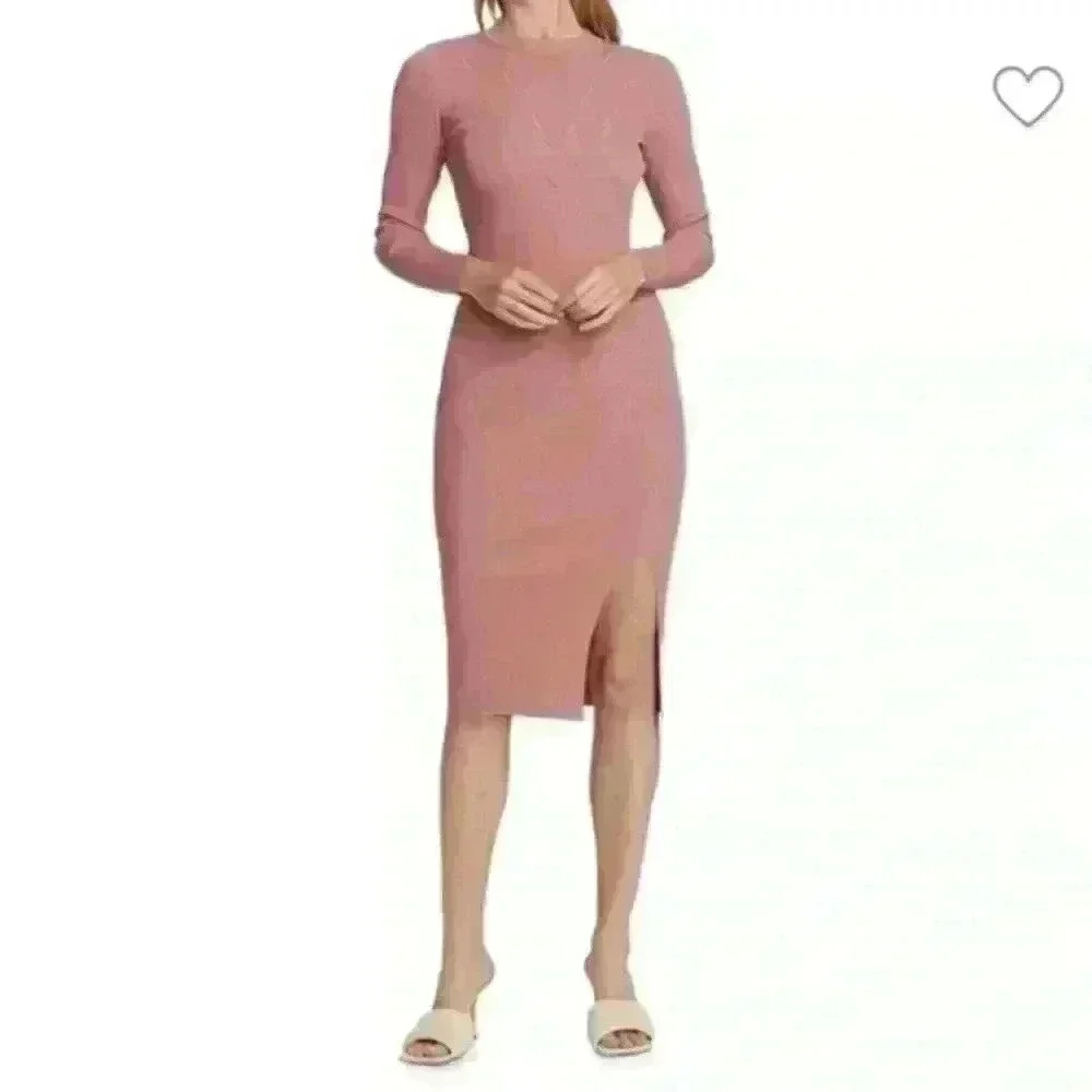 Alexis Emily Rose Pink Long Sleeve Midi Dress with Front Slit M